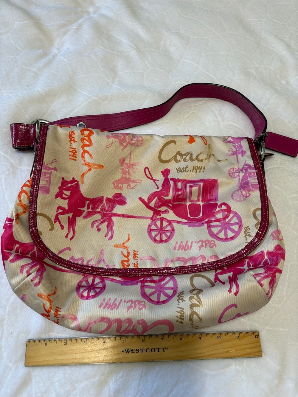 Coach Cream Multicolor Horse & Carriage Canvas Shoulder Bag with Fuchsia Trim
